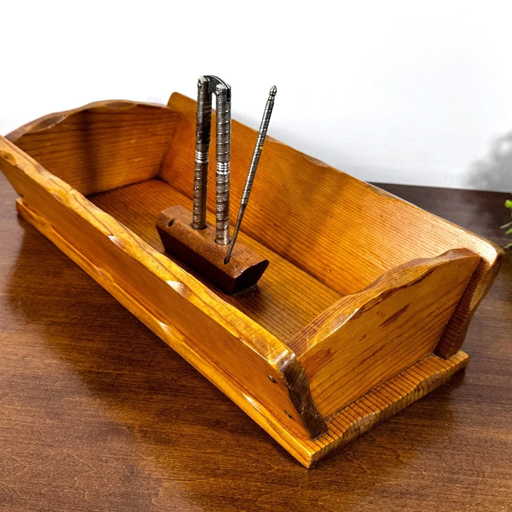 Vintage Handcrafted Wood Nut Cracker Bowl w/ 1 Crackers & 1 Pick Tray Box 7x13